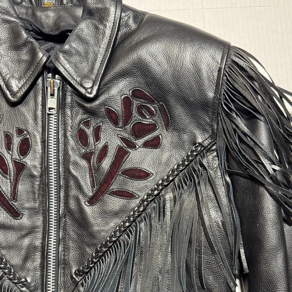 Rose Suede Inlay Black Leather Fringe Braided Moto Biker Jacket High Quality M/L - Picture 2 of 16